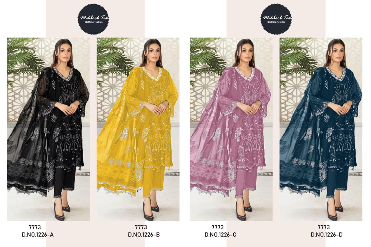 MEHBOOB TEX 1226 BRAND MEHBOOB TEX  NO. OF PIECES 04 PCS AVERAGE PRICE 1050 RS  CATLOG PRICE  4200 + 300 SHIPPING + 5 % GST = 4725 FABRIC GEORGETTE WORK EMBROIDERY DETAILS **FABRIC DETAILS:- *Top : GEORGETTE WITH HEAVY EMBROIDERED With hand work khatli Bottom :SANTOON with havy embroidered patch work bottom Dupatta : fox jorjet WITH HEAVY EMBROIDERED MEHBOOB TEX 1226 GEORGETTE PAKISTANI SALWAR KAMEEZ SUPPLIER IN SURAT