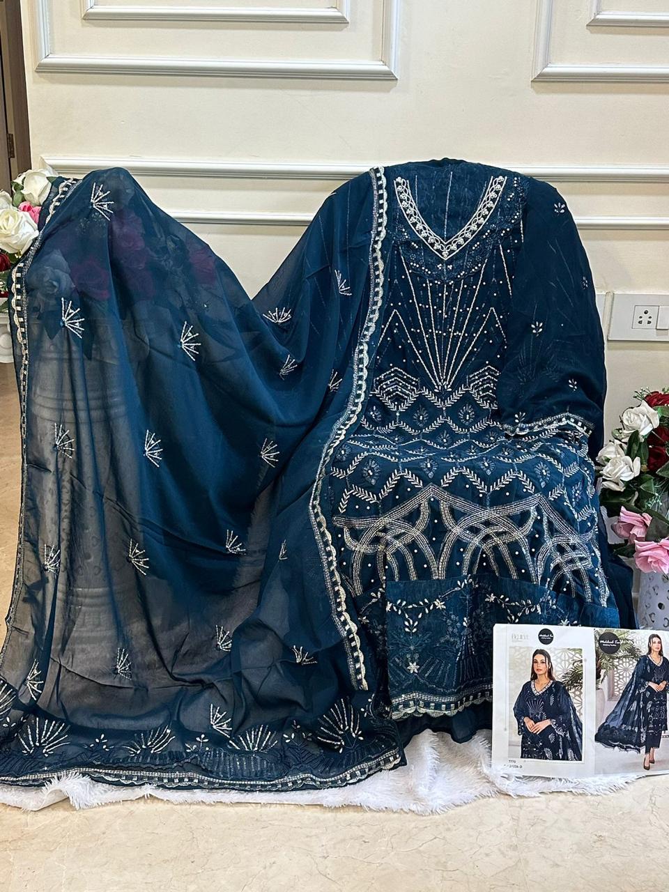 MEHBOOB TEX 1226 BRAND MEHBOOB TEX  NO. OF PIECES 04 PCS AVERAGE PRICE 1050 RS  CATLOG PRICE  4200 + 300 SHIPPING + 5 % GST = 4725 FABRIC GEORGETTE WORK EMBROIDERY DETAILS **FABRIC DETAILS:- *Top : GEORGETTE WITH HEAVY EMBROIDERED With hand work khatli Bottom :SANTOON with havy embroidered patch work bottom Dupatta : fox jorjet WITH HEAVY EMBROIDERED MEHBOOB TEX 1226 GEORGETTE PAKISTANI SALWAR KAMEEZ SUPPLIER IN SURAT