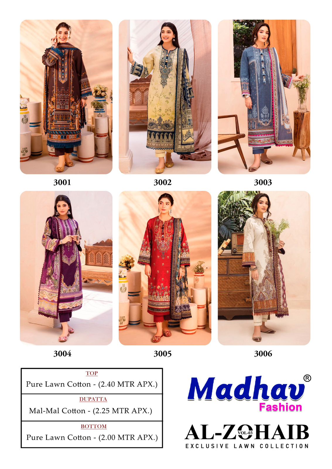 MADHAV FASHION AL ZOHAIB VOL 3 PURE LAWN SUITS