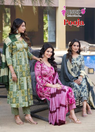 MYSTIC 9 POOJA VOL 9 RAYON PRINTED ALIYA CUT KURTI