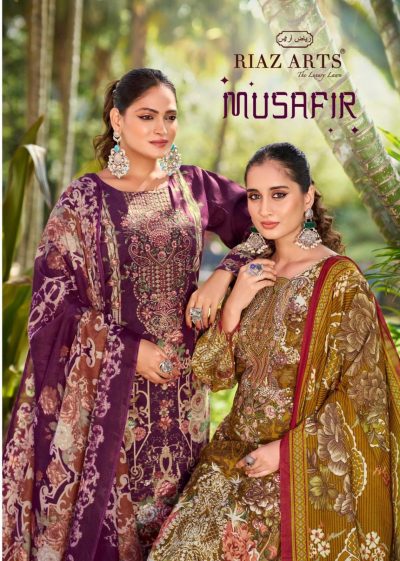 RIAZ ARTS MUSAFIR VOL 22 BRAND RIAZ ARTS NO. OF PIECES 06 PCS AVERAGE PRICE 575 RS  CATLOG PRICE  3450 + 5 % GST = 3622 ( SHIIPING EXTRA ) FABRIC  CAMBRIC LAWN WORK EMBROIDERY DETAILS **FABRIC DETAILS:- Top:* *PURE KARACHI LAWN CAMRIC DIG PRINT WITH HEAVY PAKISTANI FULL SHIRT EMBROIDERY* *Bottom:* PURE COTTON DYED* *Dupatta:* PURE LAWN MULMUL DIGITAL PRINT COTTON DUP* RIAZ ARTS MUSAFIR VOL 24 PURE LAWN SUITS CATALOGUE