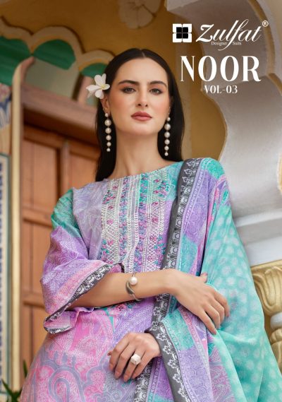 ZULFAT NOOR VOL 2 BRAND ZULFAT NO. OF PIECES 08 PCS AVERAGE PRICE 431 RS  CATLOG PRICE 3448 + 5 % GST = 3620 ( SHIIPING EXTRA ) FABRIC COTTON WORK PRINTED + EMBROIDERY DETAILS **FABRIC DETAILS:- Top: *100% Pure Cotton Exclusive Designer Print with HEAVY EMBROIDERY WORK* (2.50 mtrs apx) Dupatta: *100% Pure Cotton Mal Mal Print* (2.30 mtrs apx) Bottom: *100% Pure Cotton Salwar* (3 mtrs apx) ZULFAT NOOR VOL 3 PURE COTTON EMBROIDERY SUITS