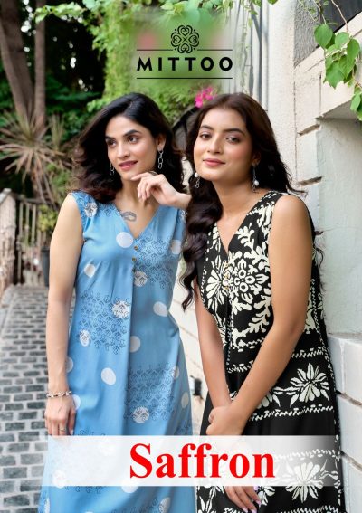 MITTOO SAFFRON RAYON PRINTED KURTIS WHOLESALER
