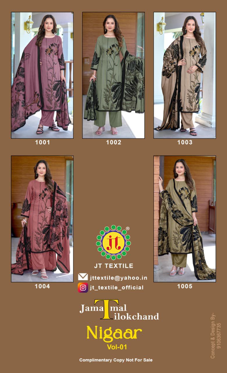 JT TEXTILE NIGAAR VOL 1 REYON PRINTED SUITS CATALOG