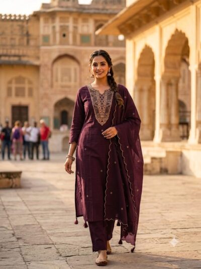 FANCY COTTON A LINE EMBROIDERY THREE PIECE SET