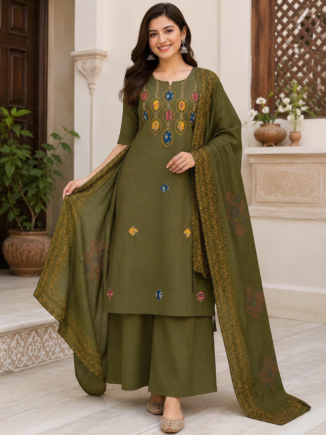 AM DHABU COTTON THREE PIECE SET IN WHOLESALE