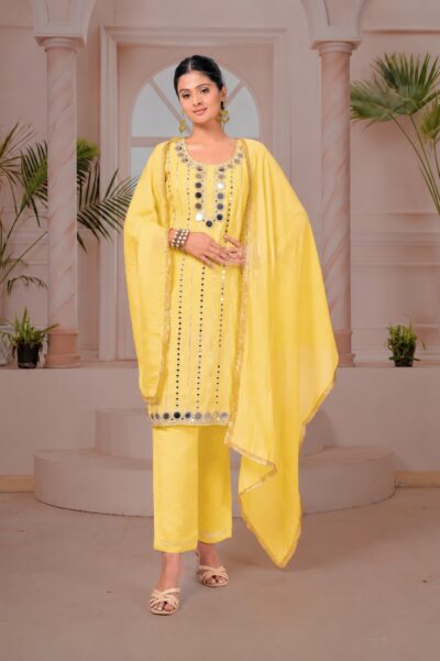 DESIGNER MIRROR WORK THREE PIECE KURTI SET