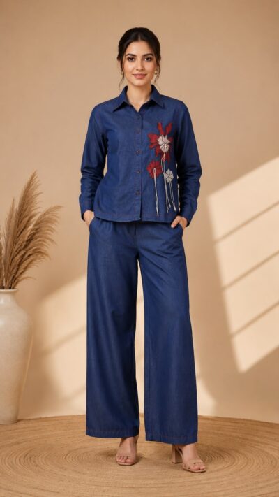 FANCY COTTON DENIM EMBROIDERY WORK CO ORD SET WHOLESALE
