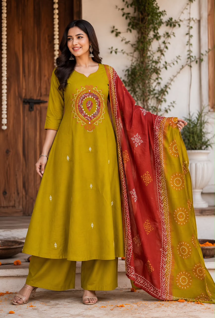 FANCY DHABU COTTON THREE PIECE SET WHOLESALE