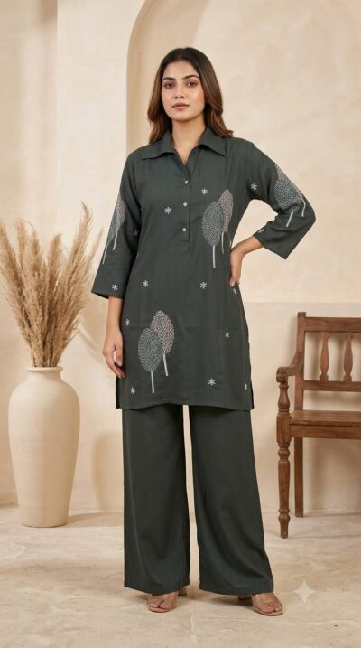 FANCY REYON EMBROIDERED CO ORD SET IN WHOLESALE