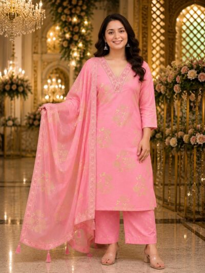 FANCY REYON EMBROIDERED THREE PIECE SET IN WHOLESALE