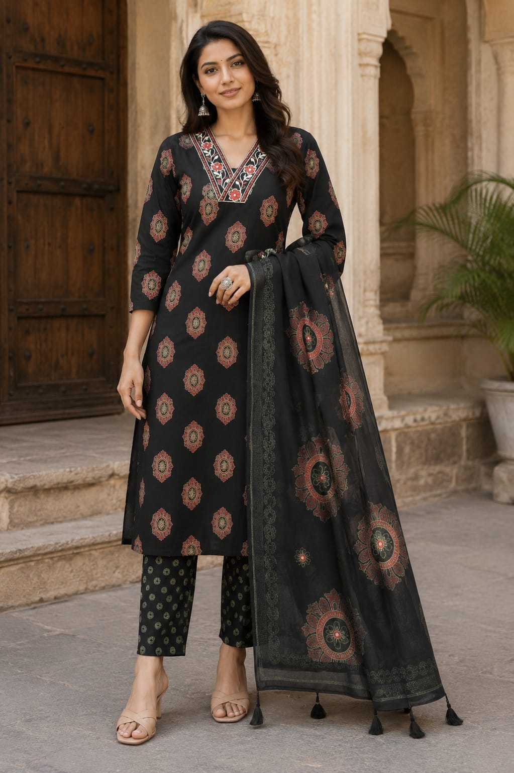 FANCY REYON EMBROIDERED THREE PIECE SET IN WHOLESALE