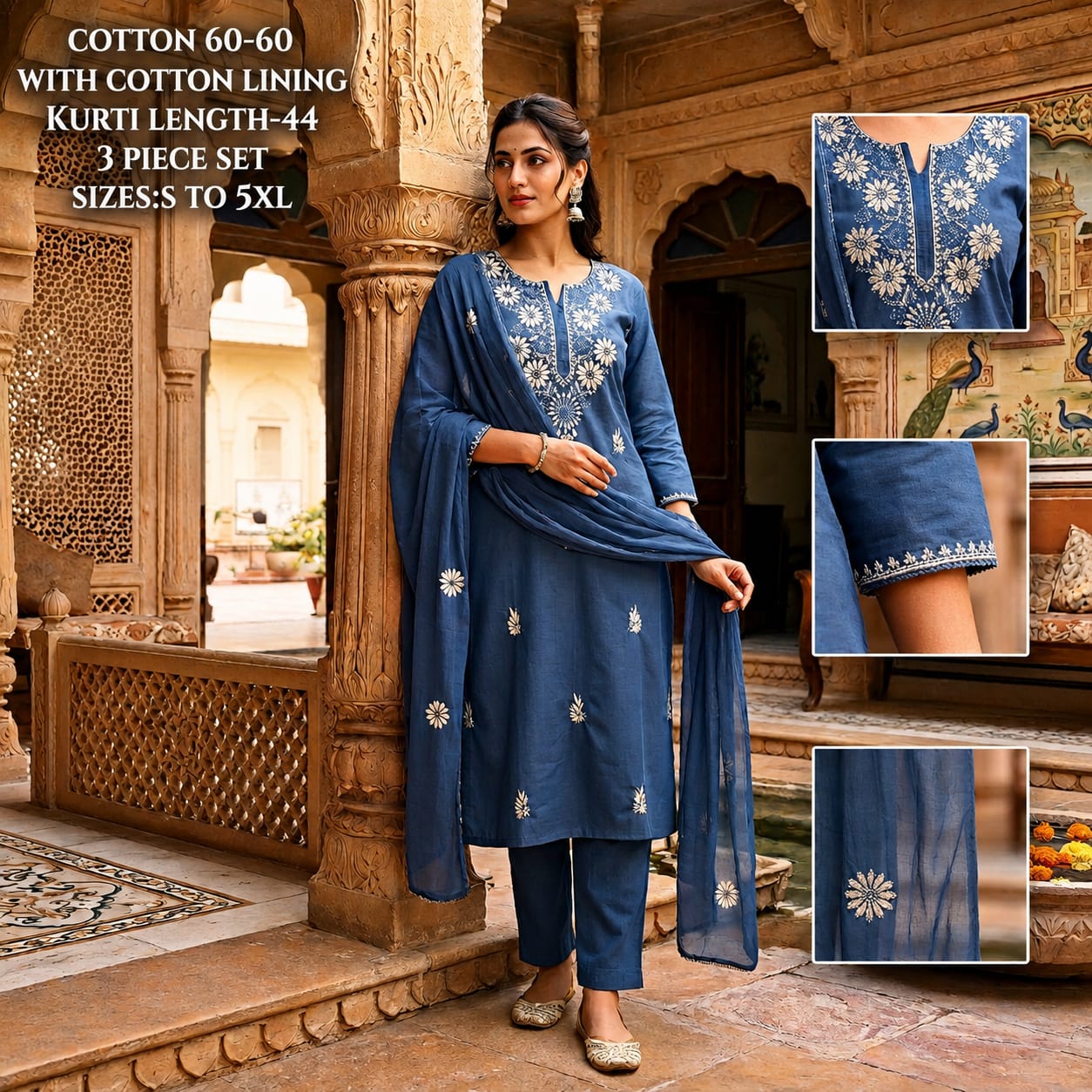 LATEST CHIKANKARI BIG SIZE THREE PIECE SET IN COMBO