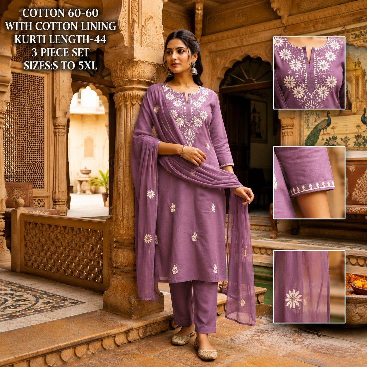 LATEST CHIKANKARI BIG SIZE THREE PIECE SET IN COMBO