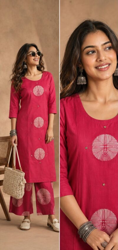 LATEST DHABU COTTON KURTI WITH PANT SET WHOLESALE