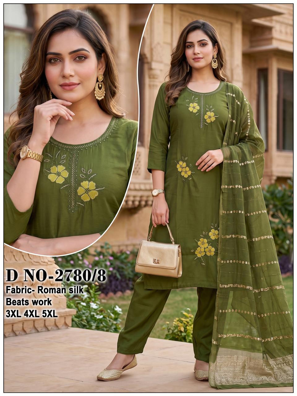 LATEST ROMAN SILK BIG SIZE THREE PIECE SET IN COMBO
