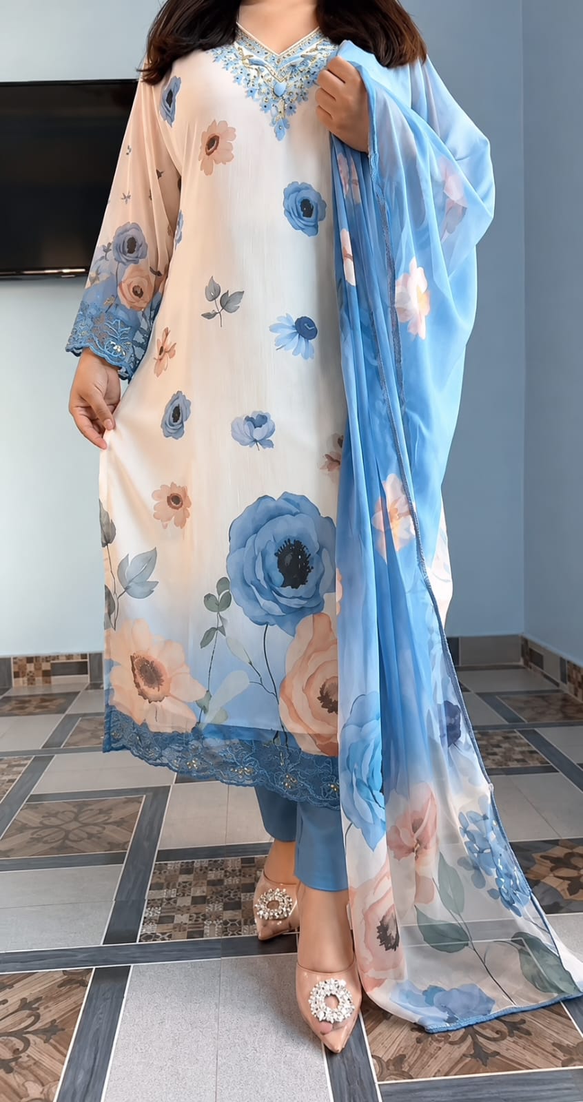MT LAXMI HANDWORK THREE PIECE SET IN WHOLESALE