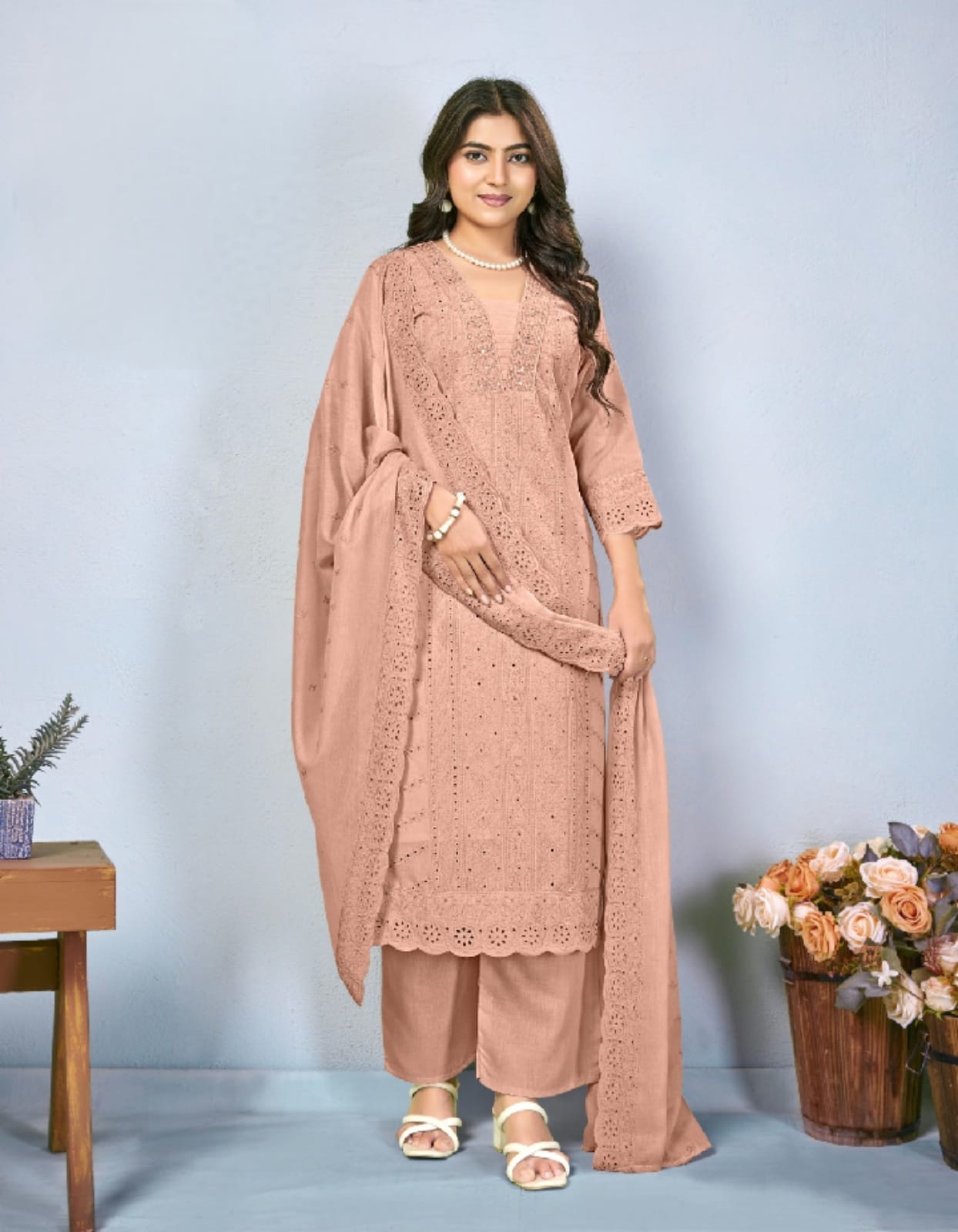 PURE COTTON SHIFFLY WORK THREE PIECE SET IN WHOLESALE