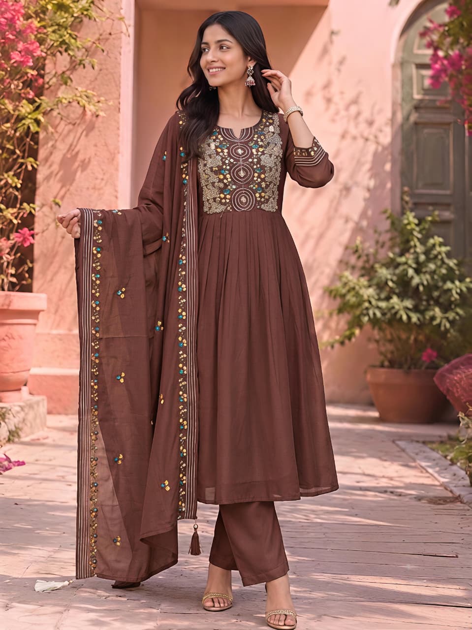 SCG CHANDERI HEAVY WORK THREE PIECE SET IN WHOLESALE
