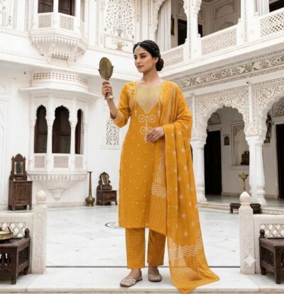 SJ COTTON BANDHANI PRINT THREE PIECE SET IN WHOLESALE