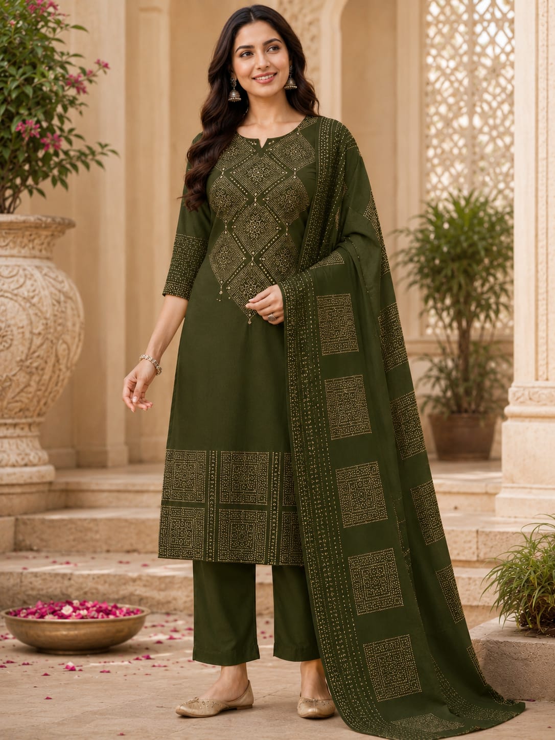 SJ COTTON BANDHANI PRINTED THREE PIECE IN WHOLESALE