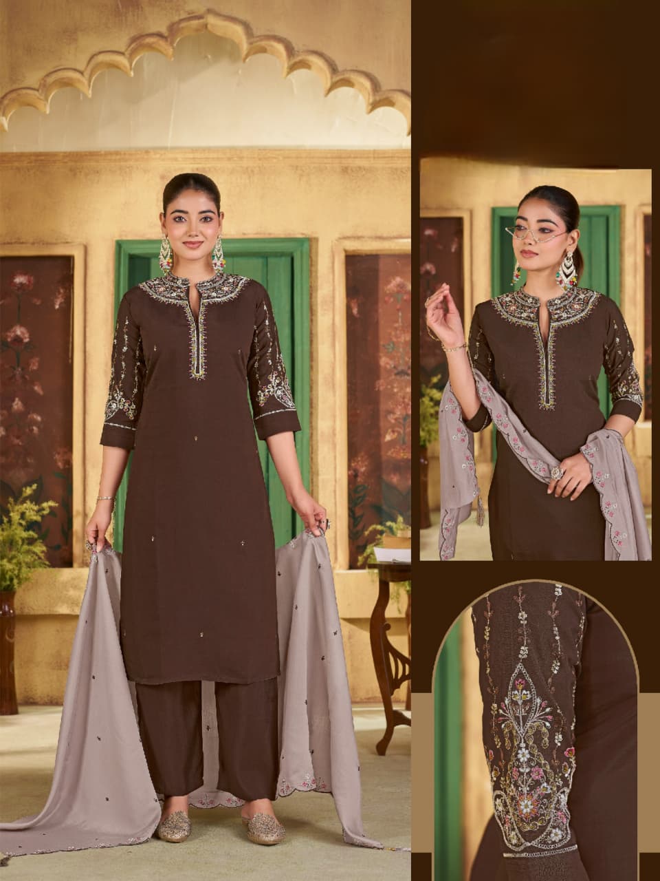 SMB DESIGNER ROMAN SILK THREE PIECE SET IN COMBO