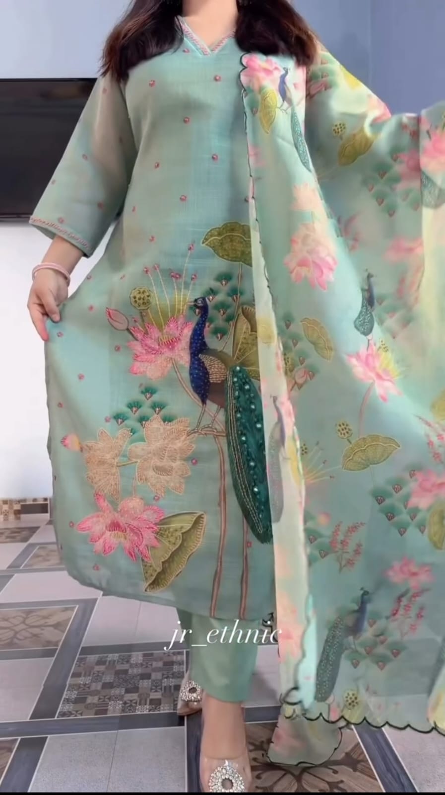 AD 1356 PEACOCK PRINT HANDWORK KURTI WHOLESALE