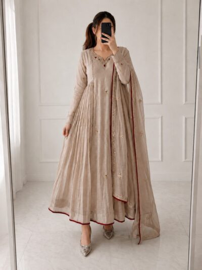AD NOOR PURE MUL CHANDERI THREE PIECE KURTI SET