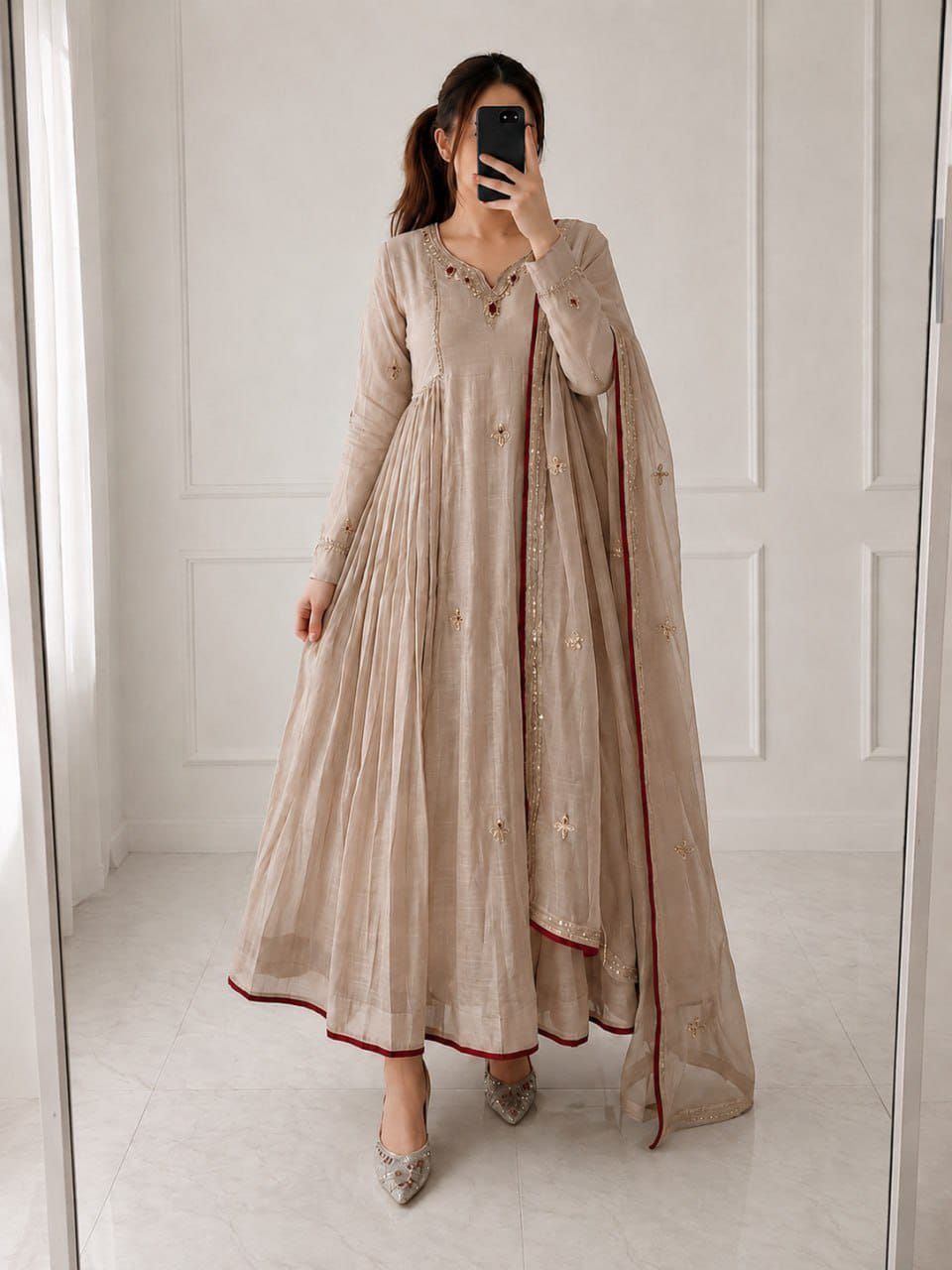 AD NOOR PURE MUL CHANDERI THREE PIECE KURTI SET