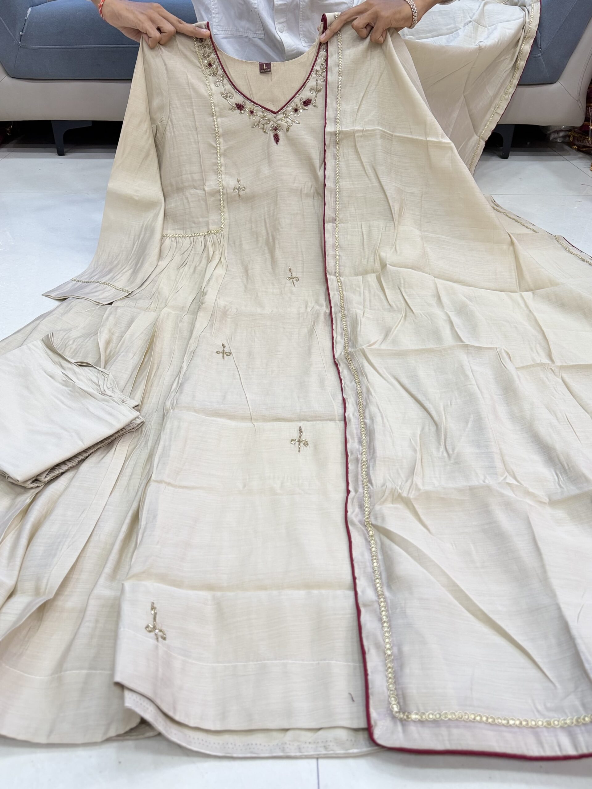 AD NOOR PURE MUL CHANDERI THREE PIECE KURTI SET