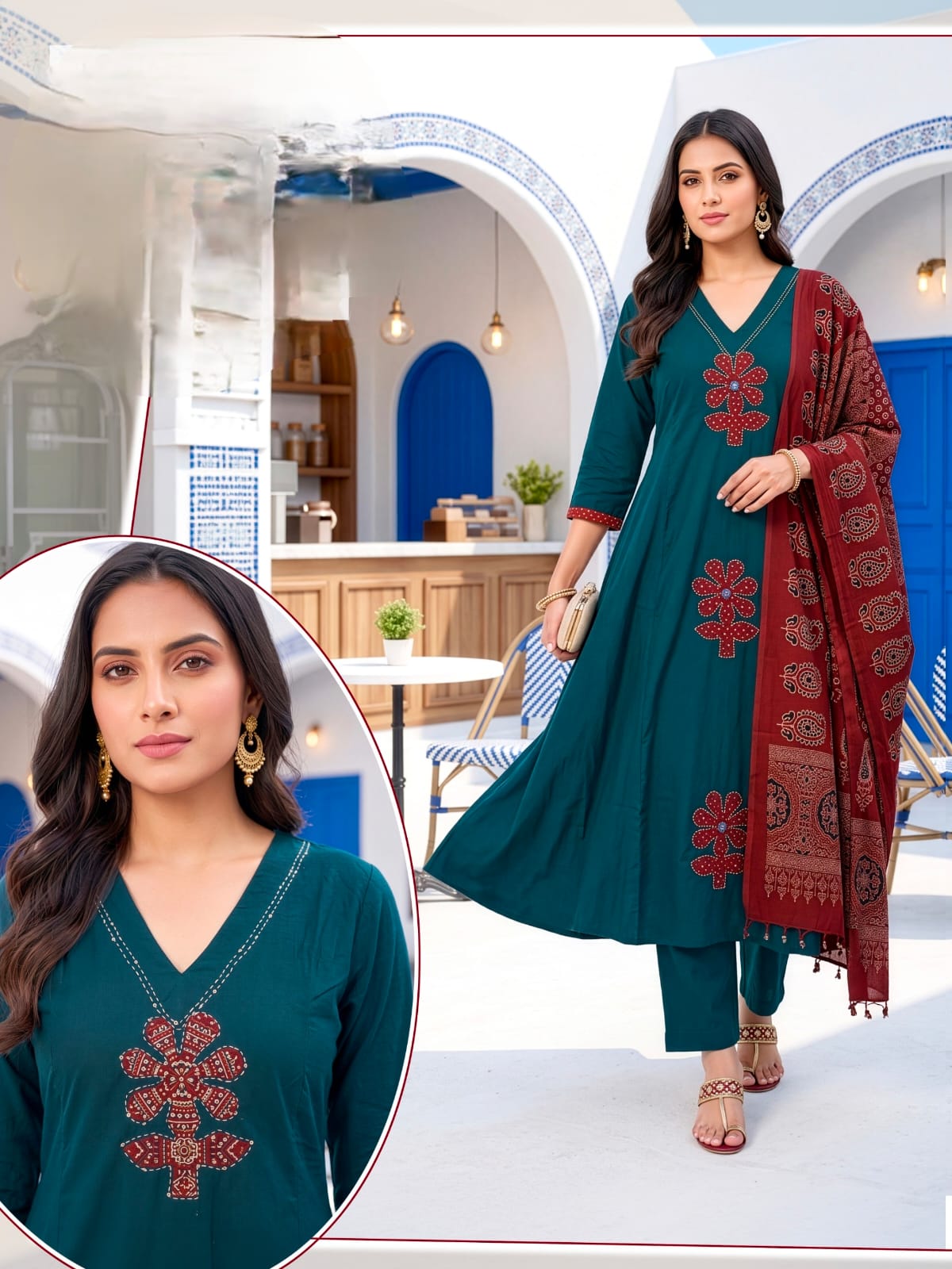 DHABU COTTON A LINE PRINTED THREE PIECE SET