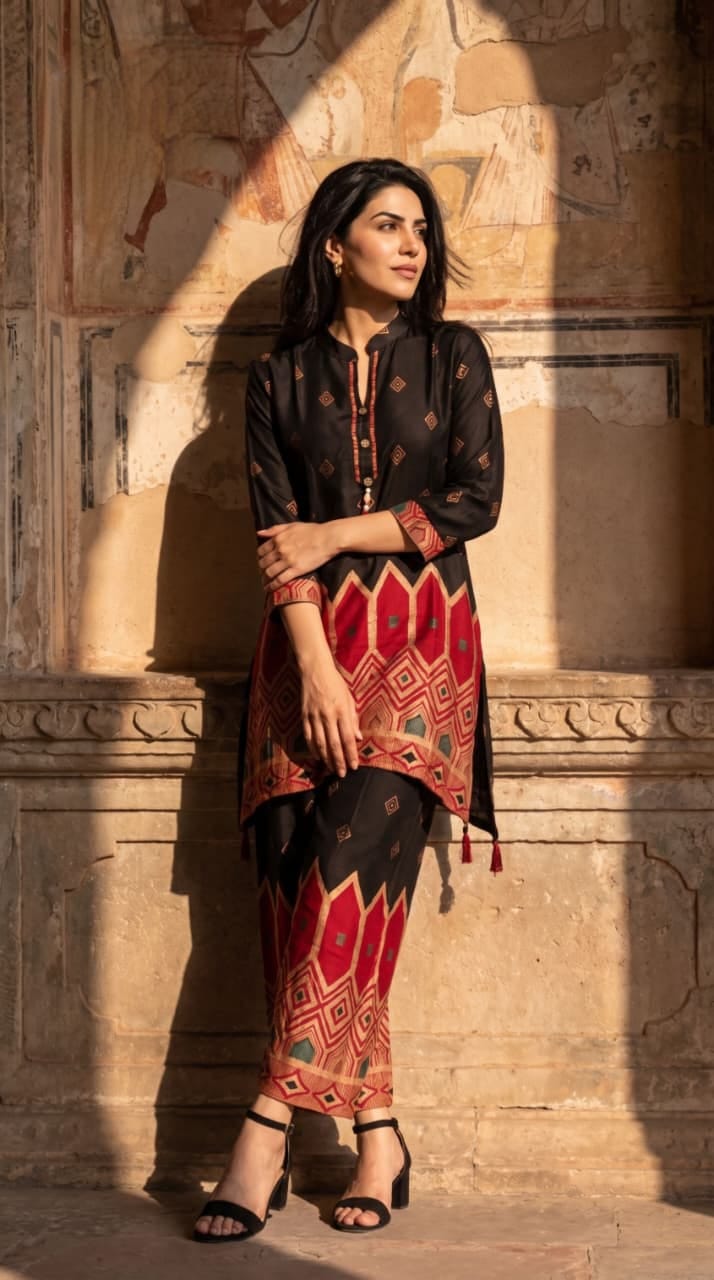 FANCY GAAJI SILK HEAVY WORK CO ORD SET IN WHOLESALE