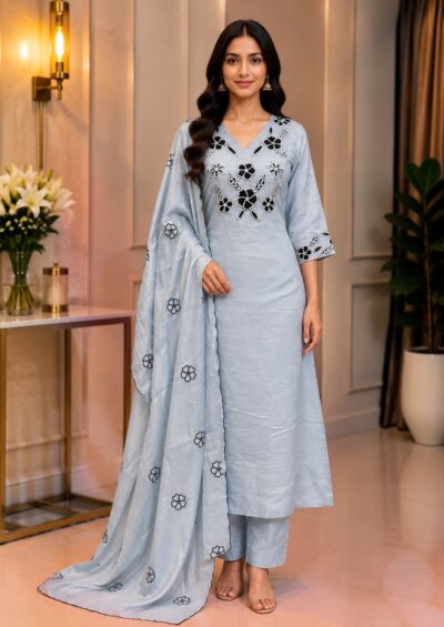 FANCY MUL CHANDERI EMBROIDERY WORK THREE PIECE