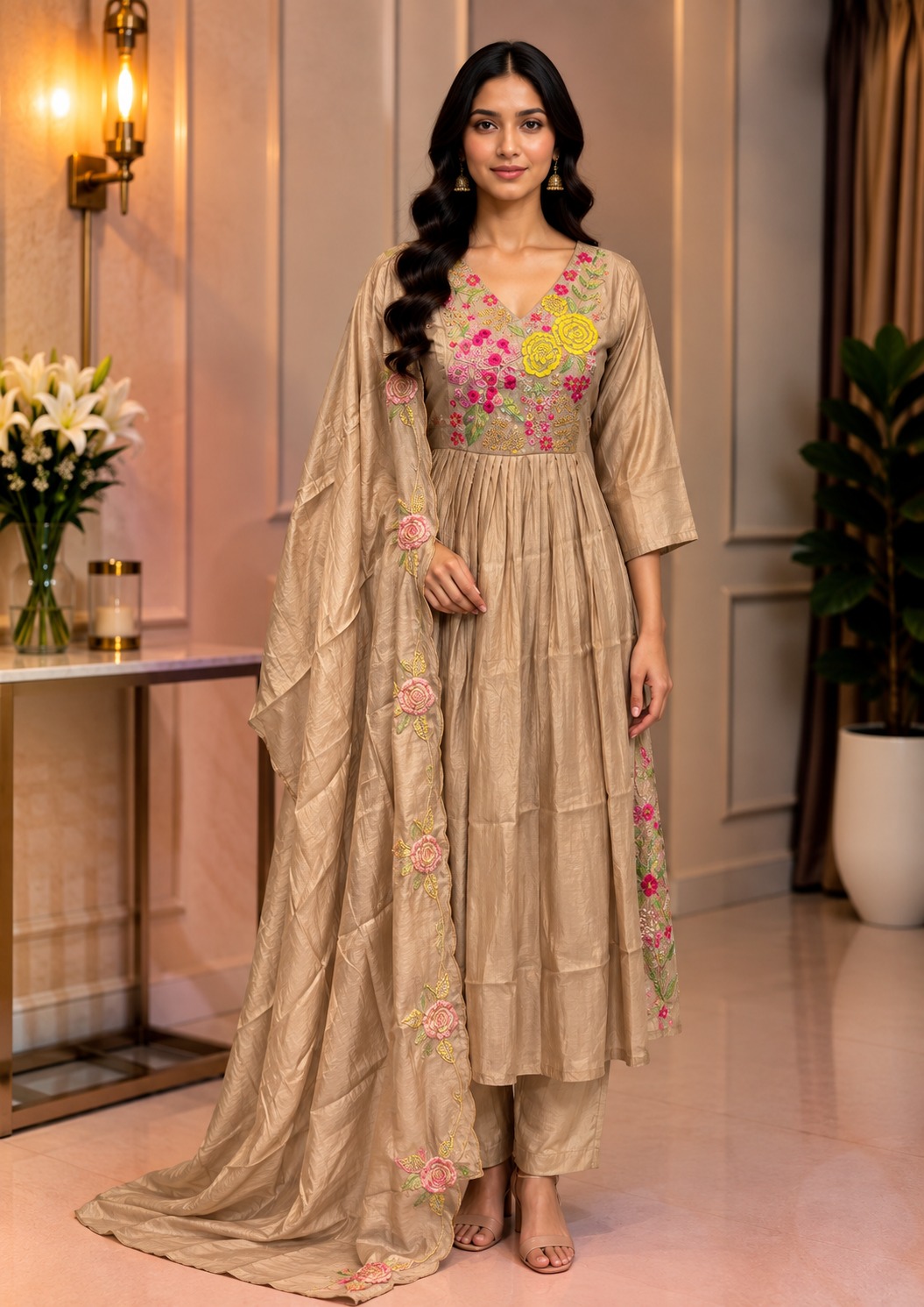 FANCY MUL CHANDERI EMBROIDERY WORK THREE PIECE