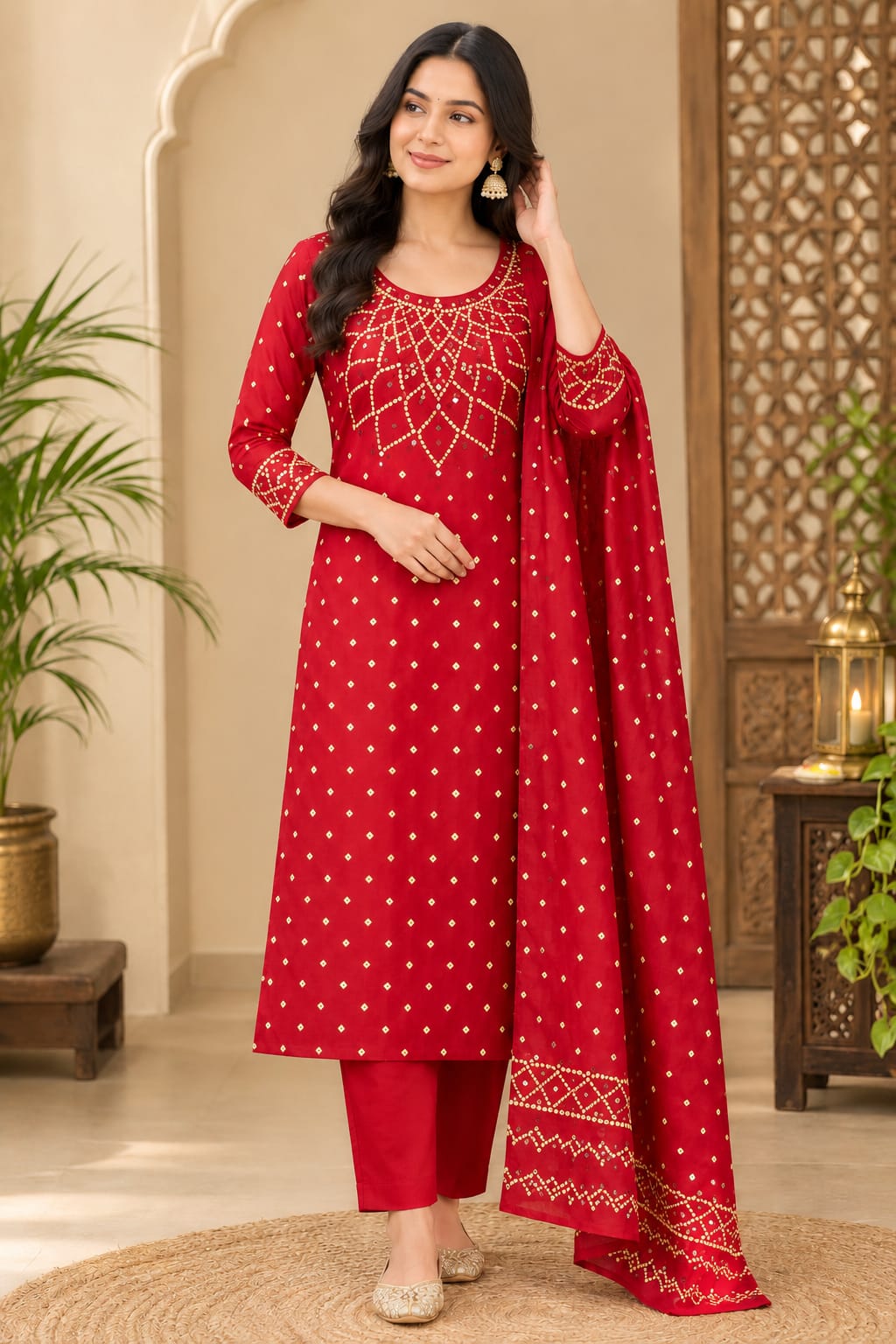GJ MIRROR WORK BANDHANI THREE PIECE SET