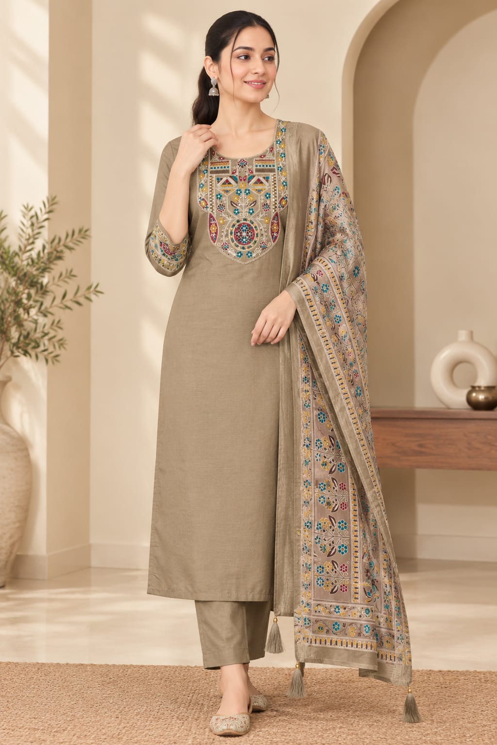 GJ ROMAN EMBROIDERED THREE PIECE KURTI SET