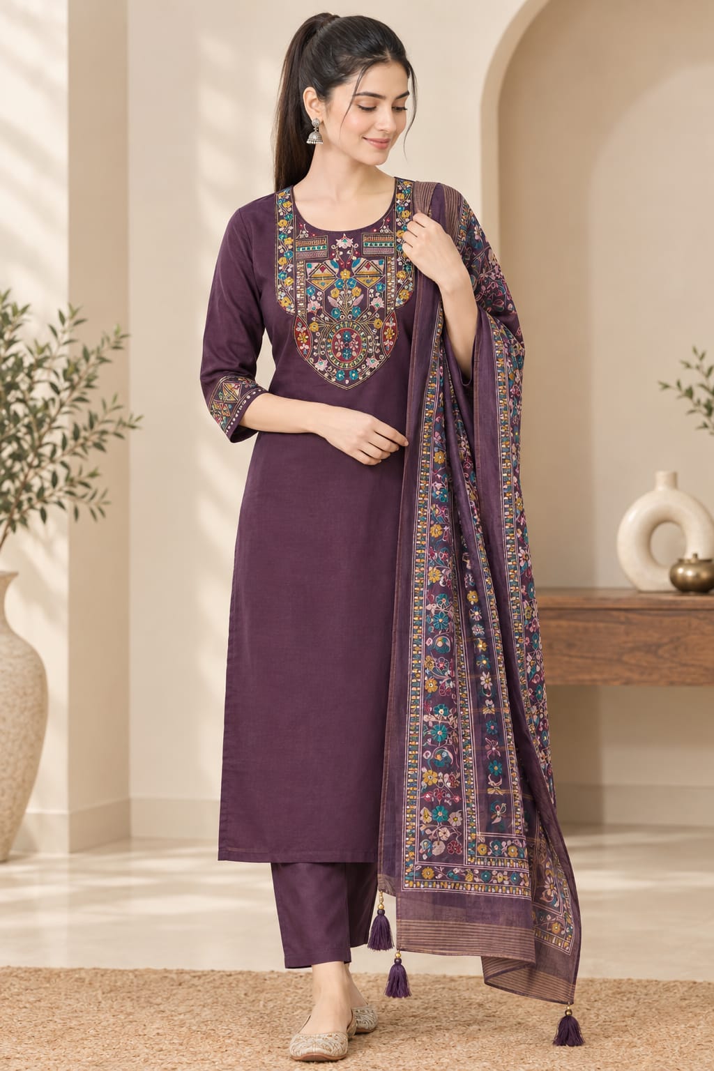 GJ ROMAN EMBROIDERED THREE PIECE KURTI SET