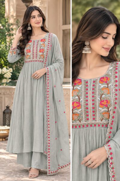 GRF PURE MUL CHANDERI LONG GOWN THREE PIECE SET