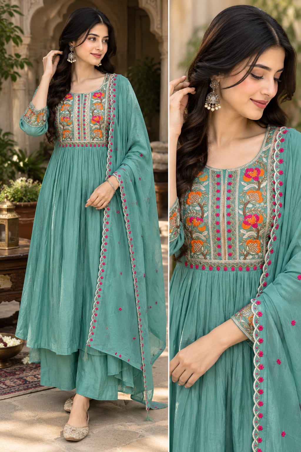GRF PURE MUL CHANDERI LONG GOWN THREE PIECE SET