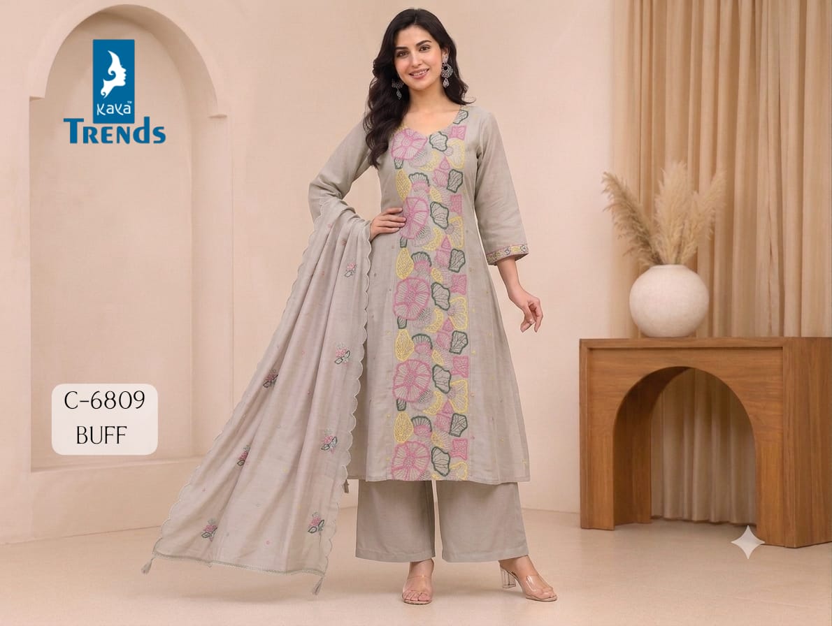 KAYA D NO 6809 CHANDERI WORK THREE PIECE SET