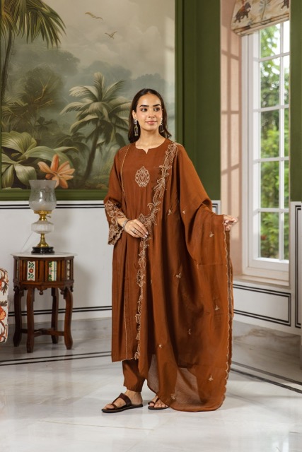 LATEST MUL CHANDERI HANDWORK THREE PIECE SET
