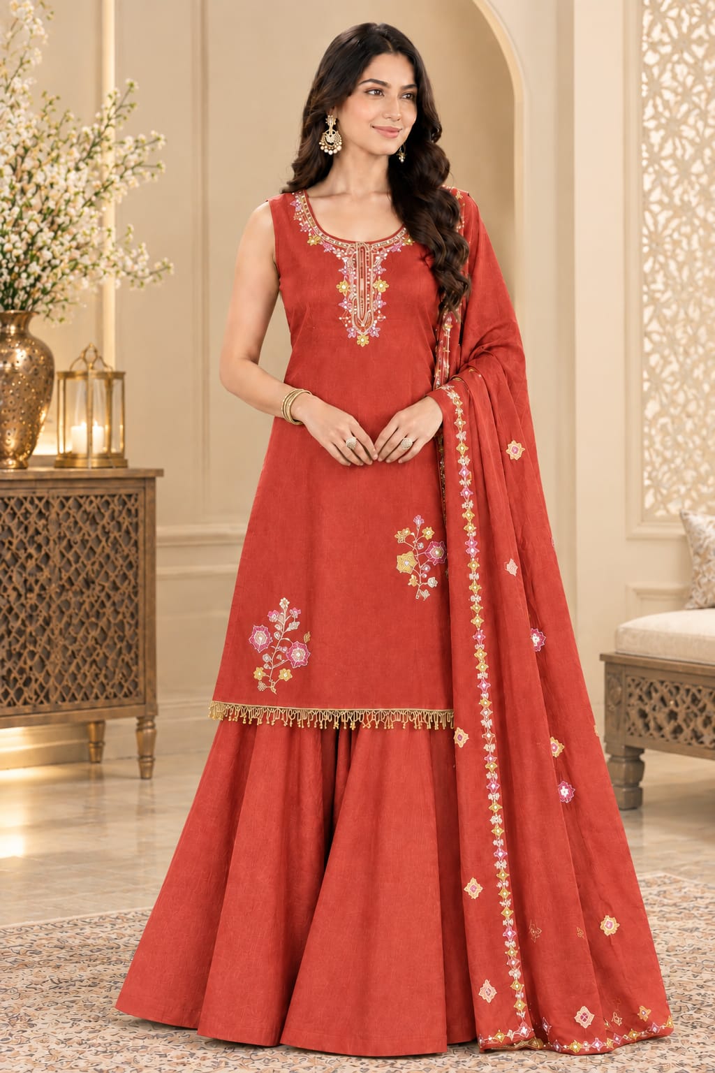 LATEST ROMAN SUI HEAVY WORK THREE PIECE KURTI