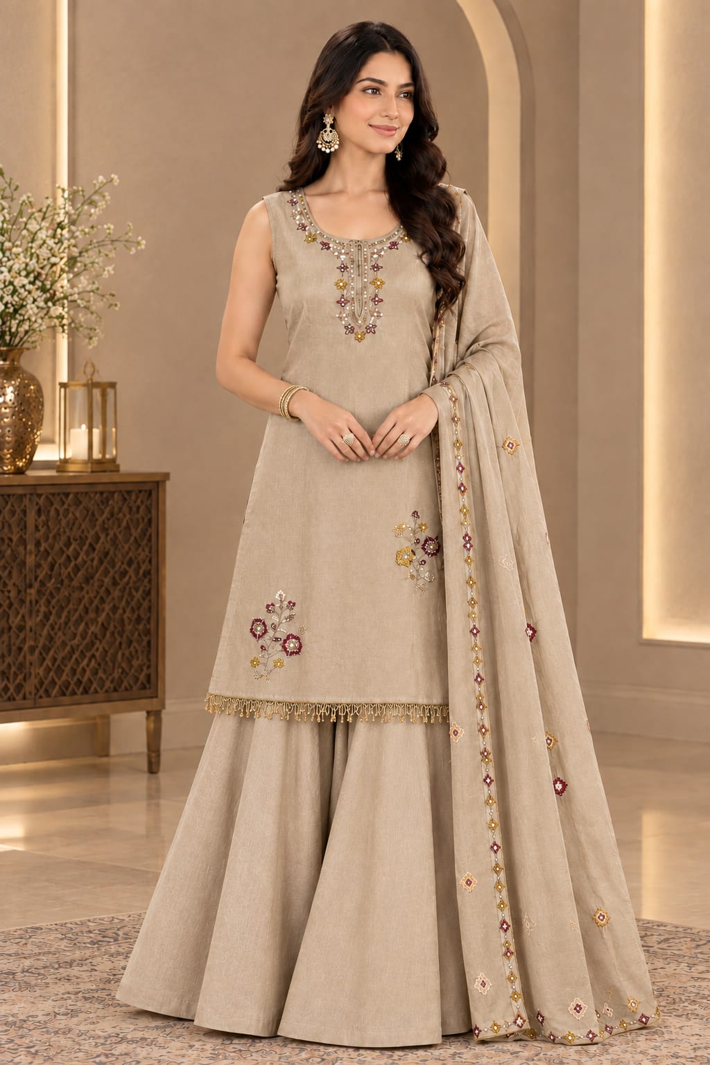 LATEST ROMAN SUI HEAVY WORK THREE PIECE KURTI