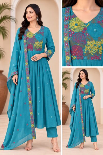 MUL CHANDERI EMBROIDERED THREE PIECE SET