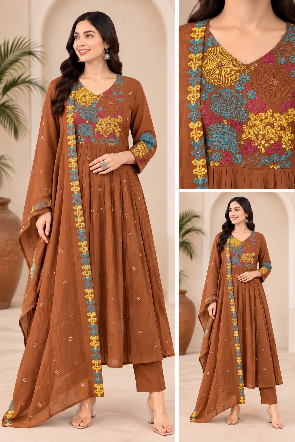 MUL CHANDERI EMBROIDERED THREE PIECE SET