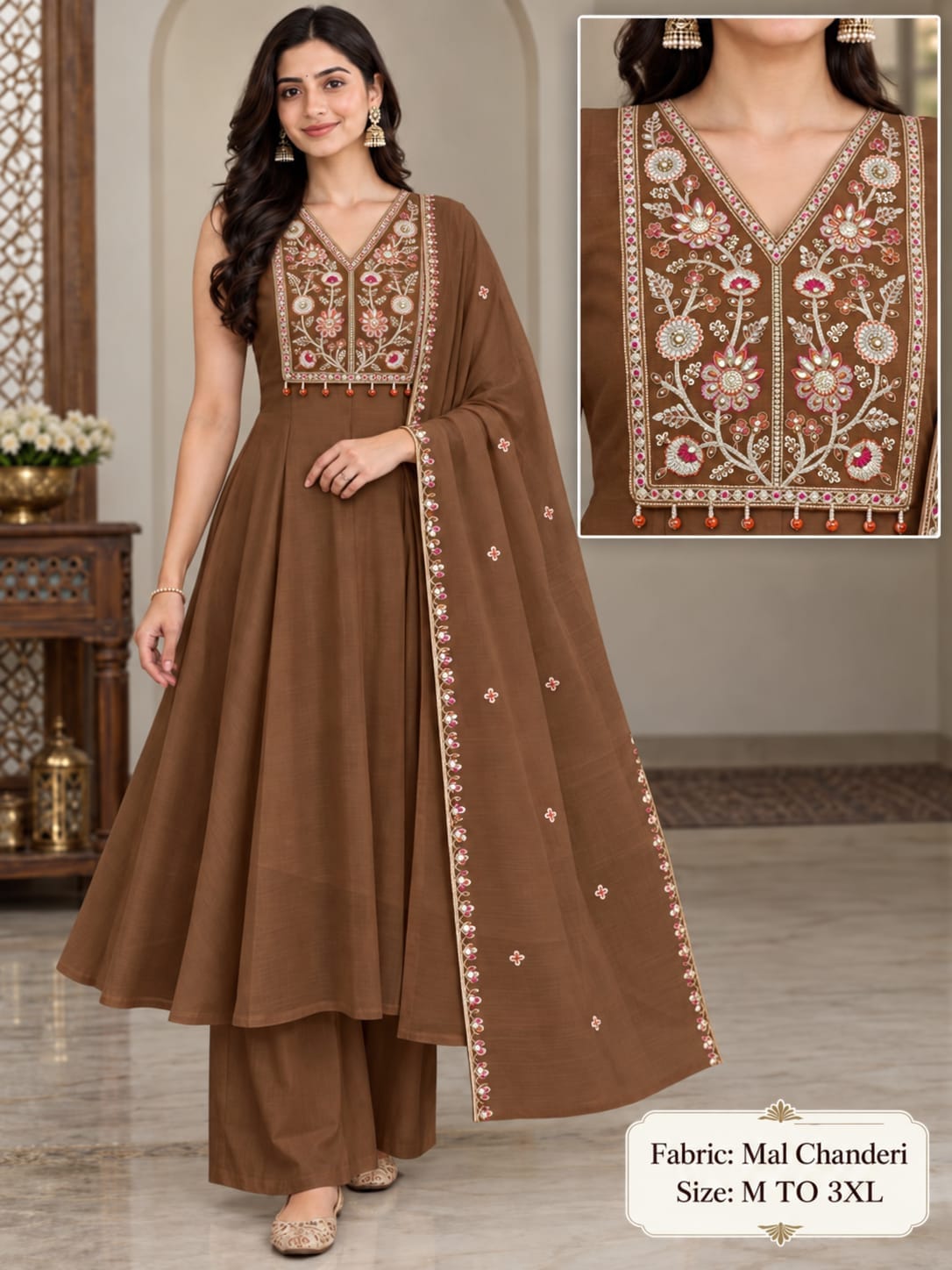 MUL CHANDERI FANCY LONG THREE PIECE SET WHOLESALE