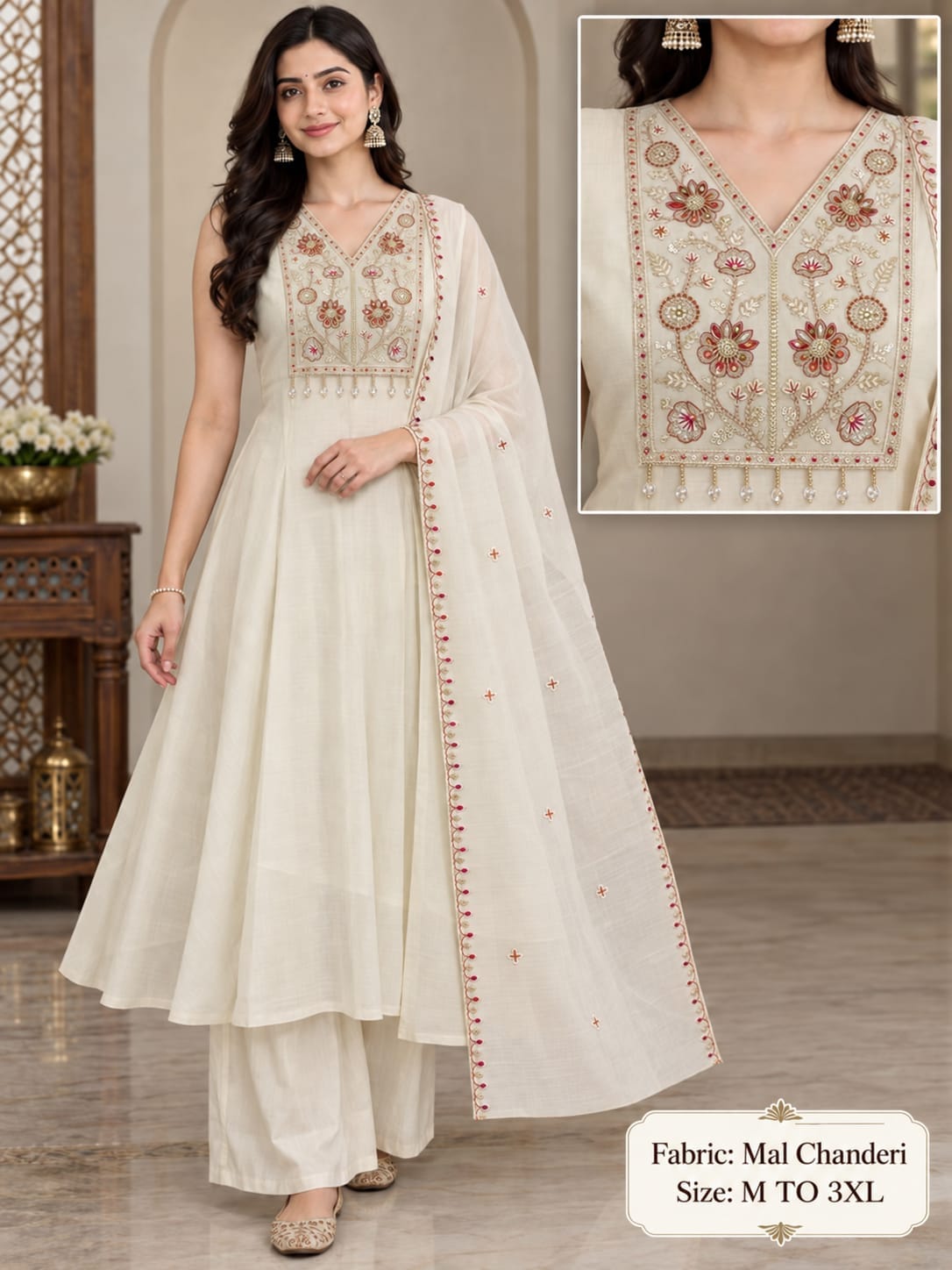 MUL CHANDERI FANCY LONG THREE PIECE SET WHOLESALE