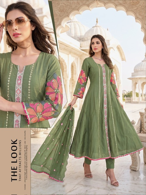 MUL CHANDERI HEAVY WORK GHERA THREE PIECE SET