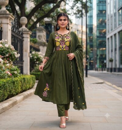MUL CHANDERI JARKHAN WORK GHERA THREE PIECE SET