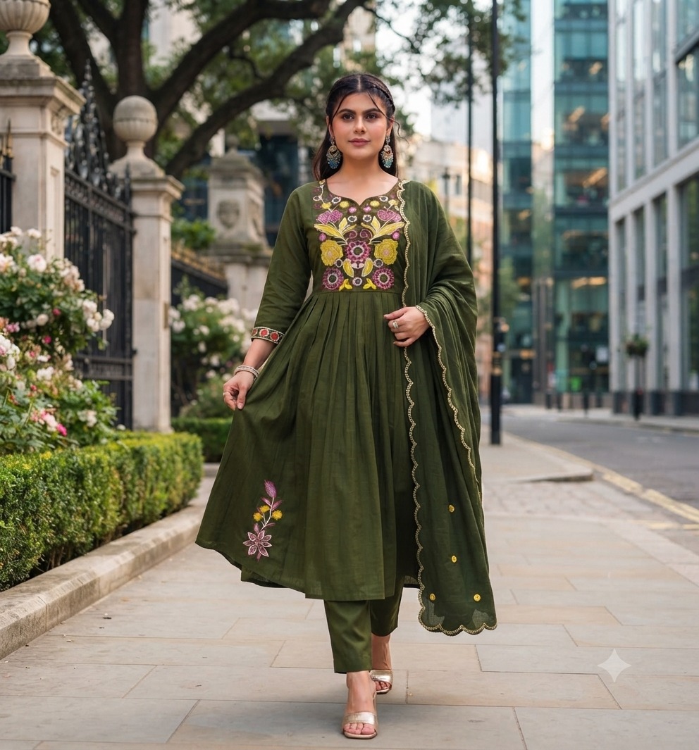 MUL CHANDERI JARKHAN WORK GHERA THREE PIECE SET